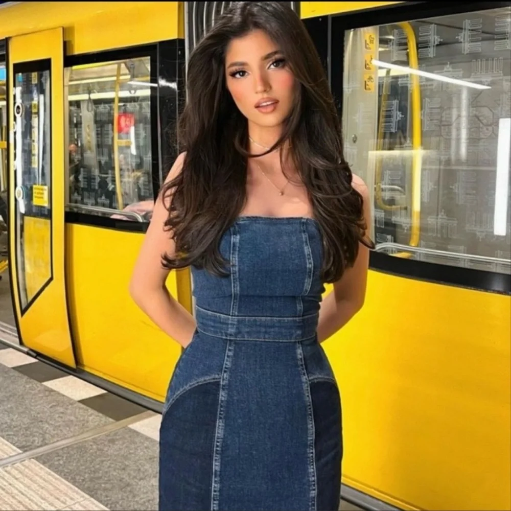 Zara Blue Denim Strapless Dress - Picture 9 of 16